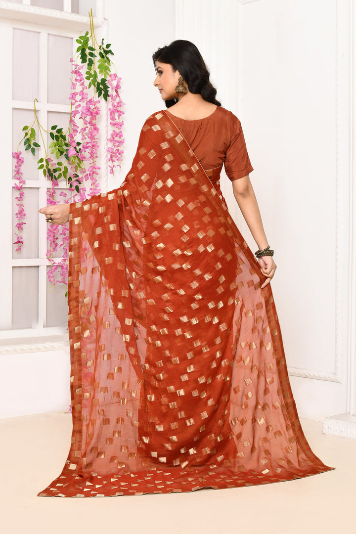 Brick-Red-Jute-Upada-Golden-Checker-Pattern-Saree