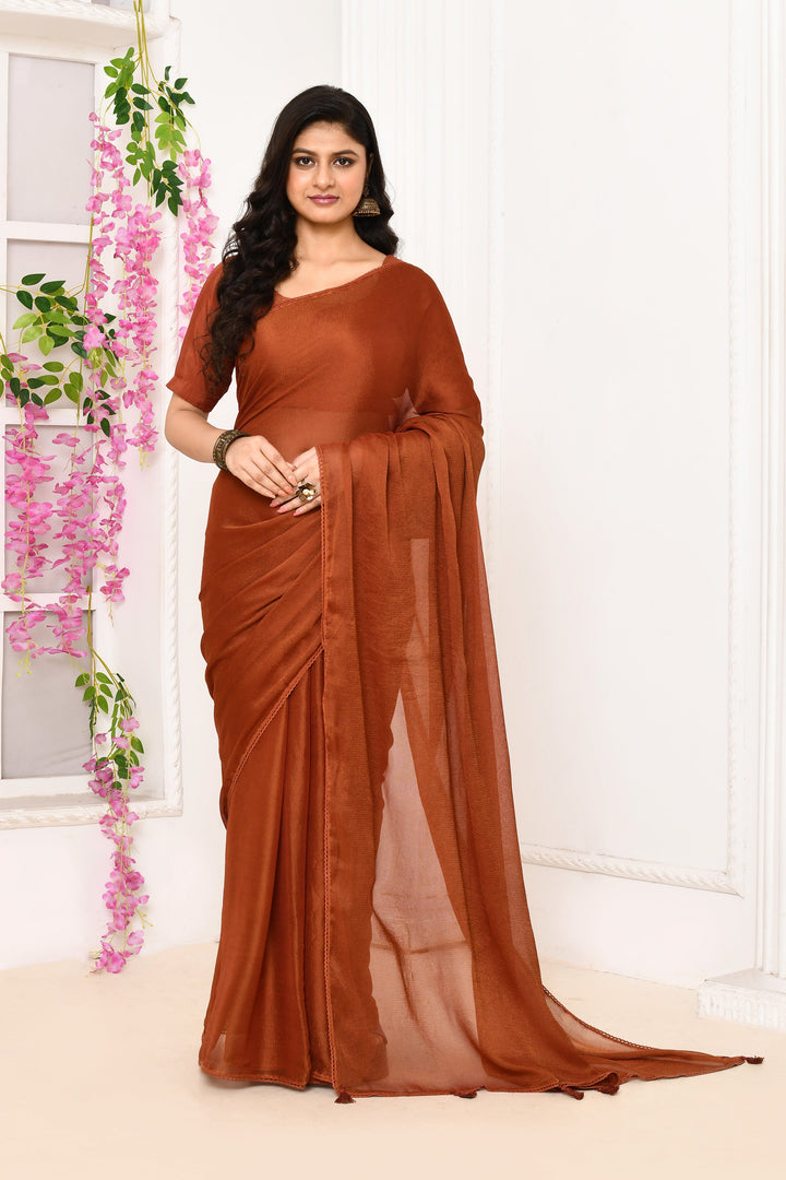 Brick-Red-Plain-Chiffon-Tissue-Saree