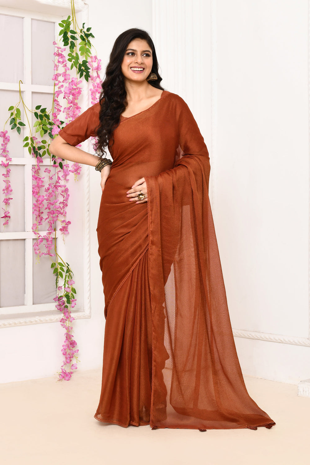 ZERESOUQ-Brick-Red-Plain-Chiffon-Tissue-Saree