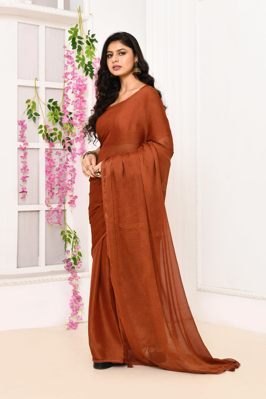 Brick-Red-Plain-Chiffon-Tissue-Saree