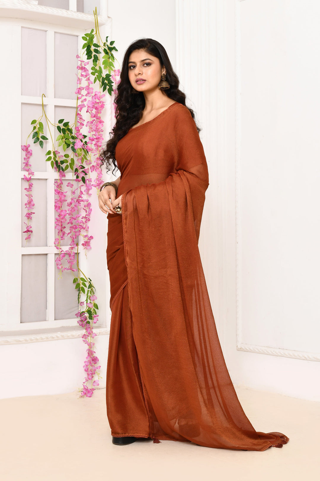 ZERESOUQ-Brick-Red-Plain-Chiffon-Tissue-Saree