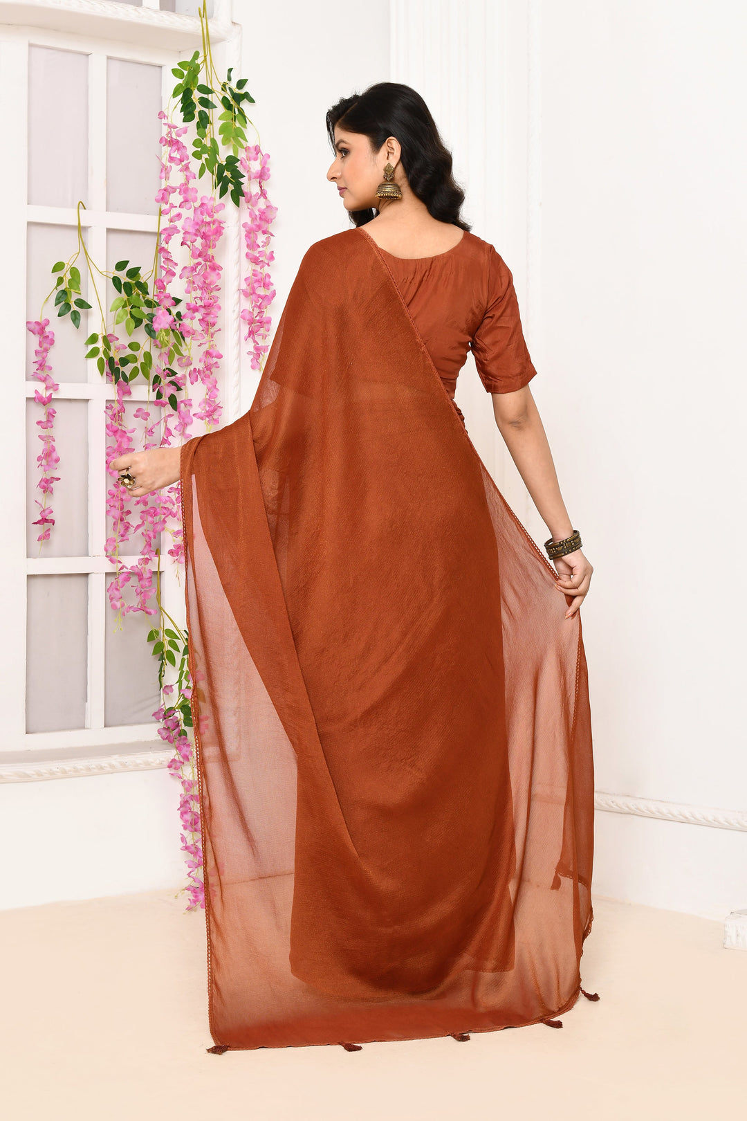 Brick-Red-Plain-Chiffon-Tissue-Saree