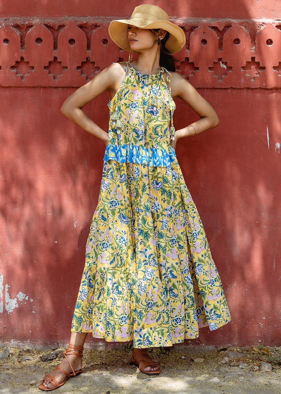 Bright-Yellow-Cotton-Halter-Tiered-Dress