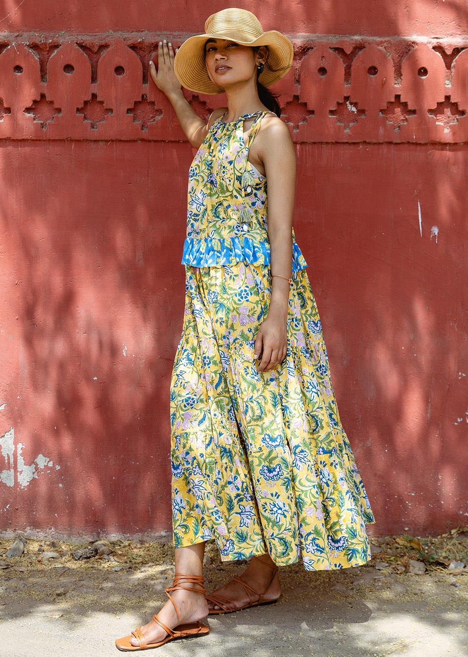 Bright-Yellow-Cotton-Halter-Tiered-Dress