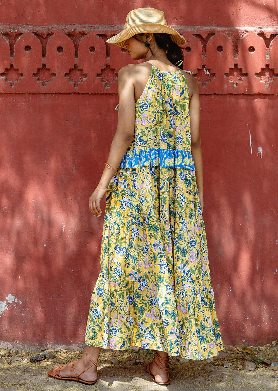 Bright-Yellow-Cotton-Halter-Tiered-Dress