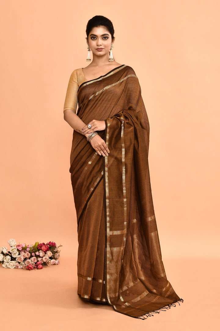 Bronze-Maheshwari-Double-Border-Check-Saree