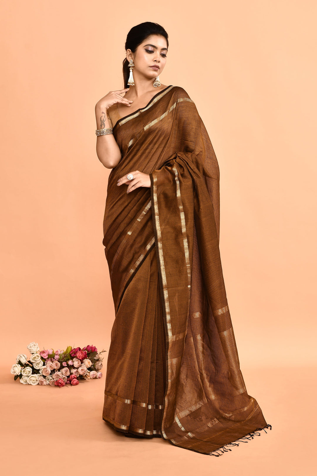 Bronze-Maheshwari-Double-Border-Check-Saree