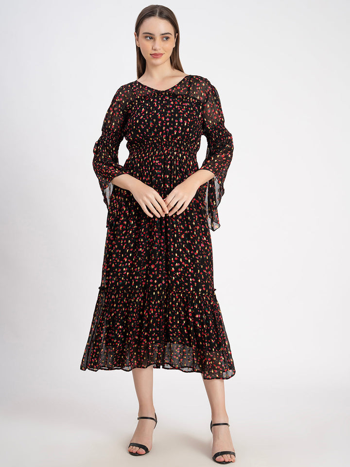 Brown 100% Polyester Shell with Lining Printed Midi Dress