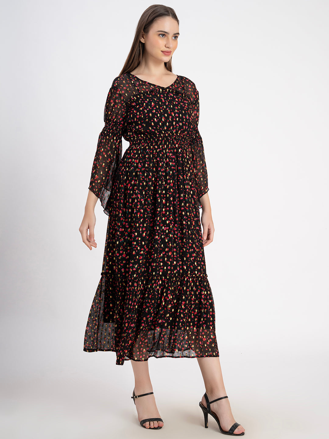 Brown 100% Polyester Shell with Lining Printed Midi Dress