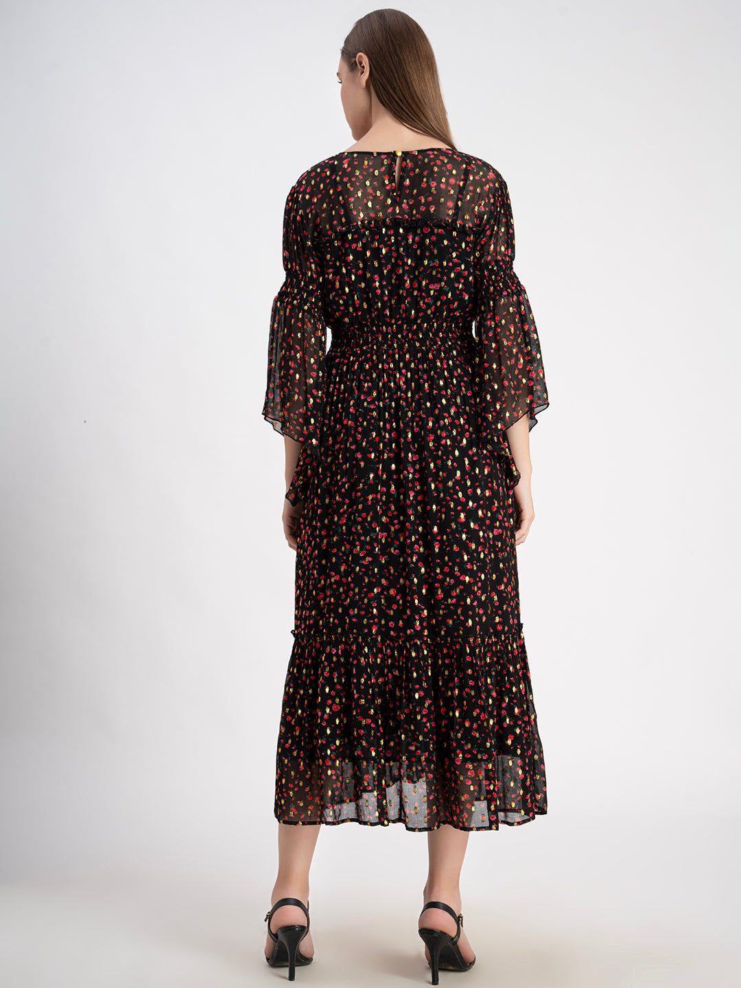 Brown 100% Polyester Shell with Lining Printed Midi Dress