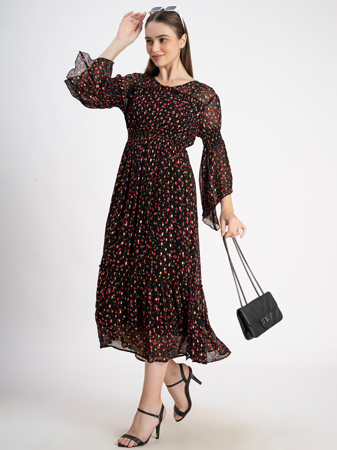 Brown 100% Polyester Shell with Lining Printed Midi Dress