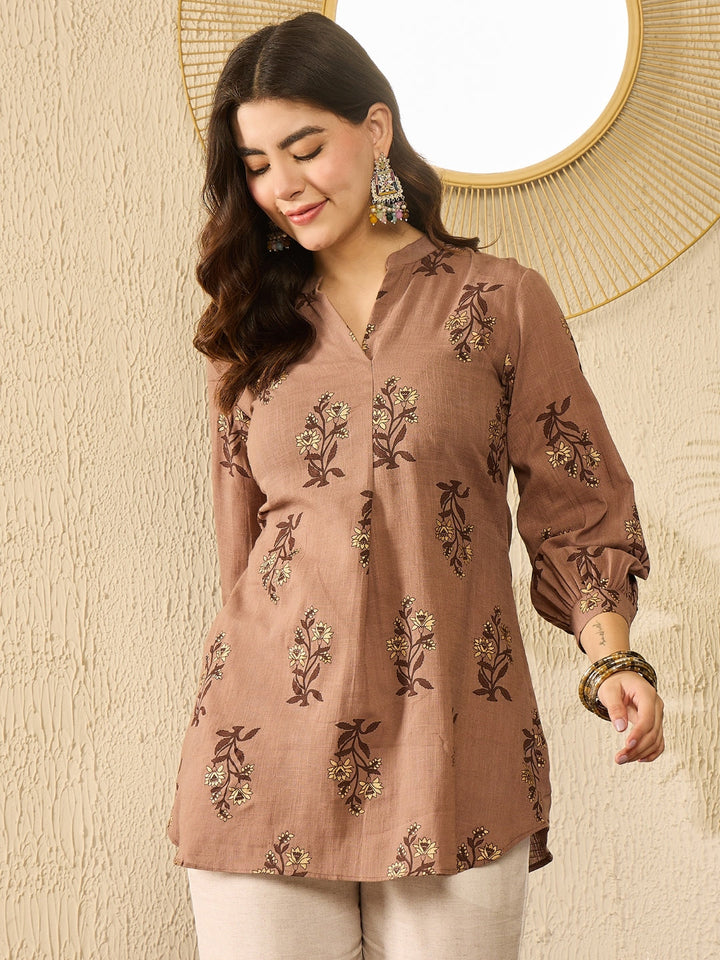 Brown Cotton Blend Floral Printed Tunic Top