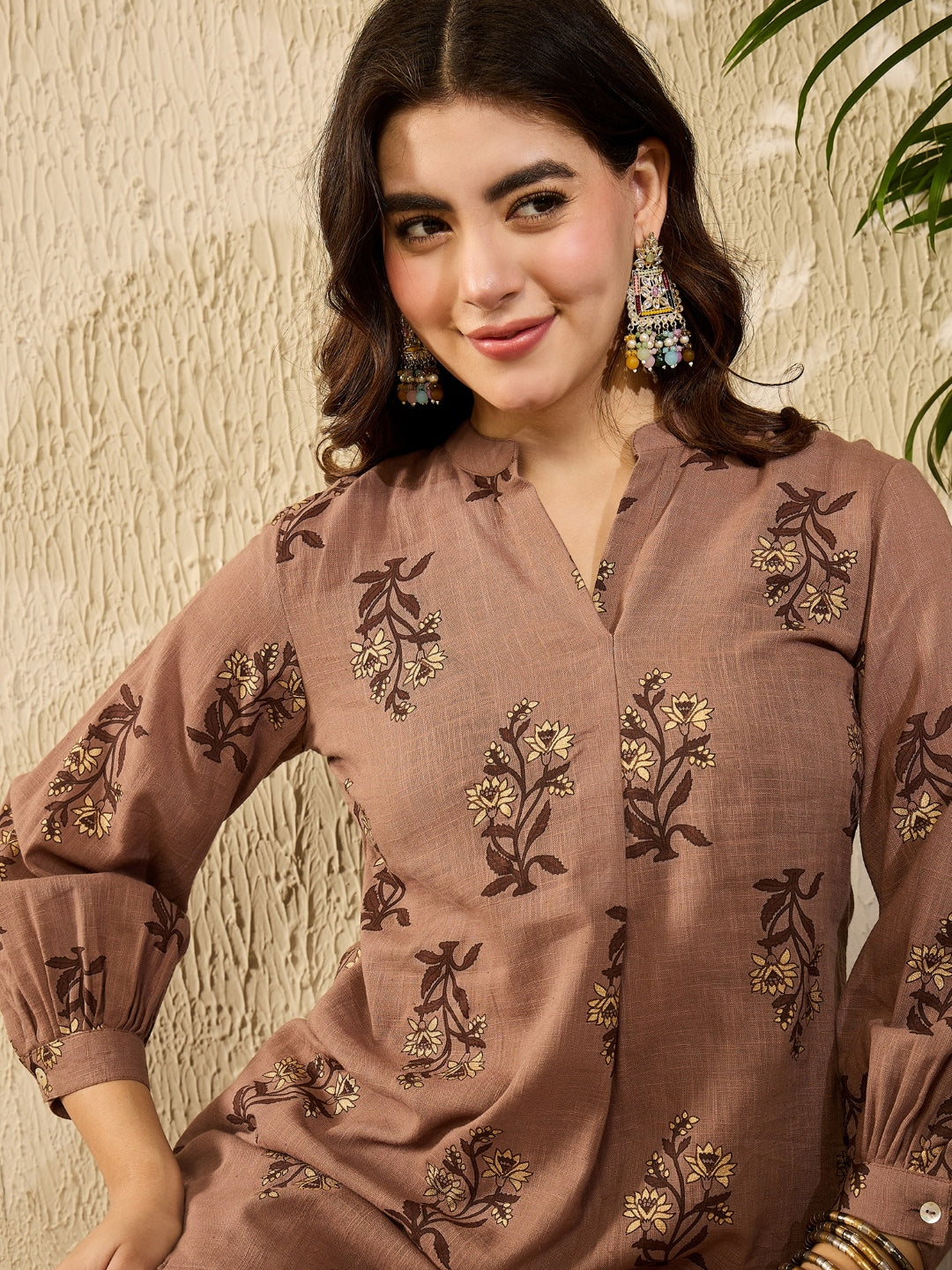 Brown Cotton Blend Floral Printed Tunic Top