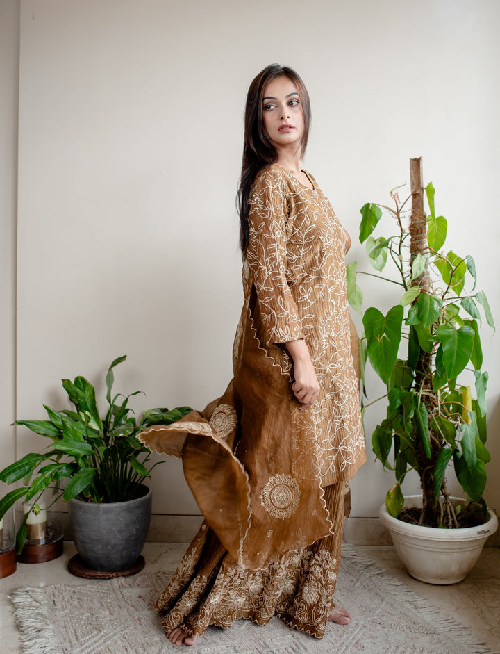 Brown-Crush-Tissue-Hand-Embroidered-Sharara-Set