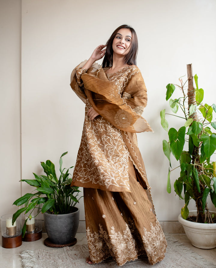 Brown-Crush-Tissue-Hand-Embroidered-Sharara-Set