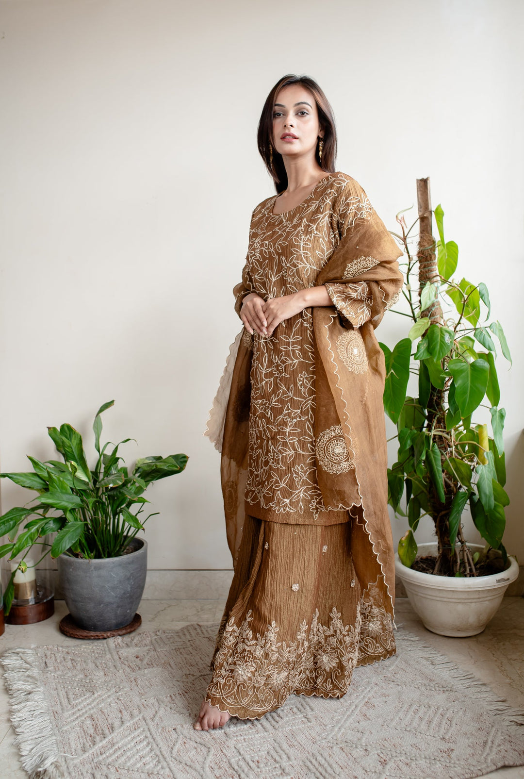 Brown-Crush-Tissue-Hand-Embroidered-Sharara-Set