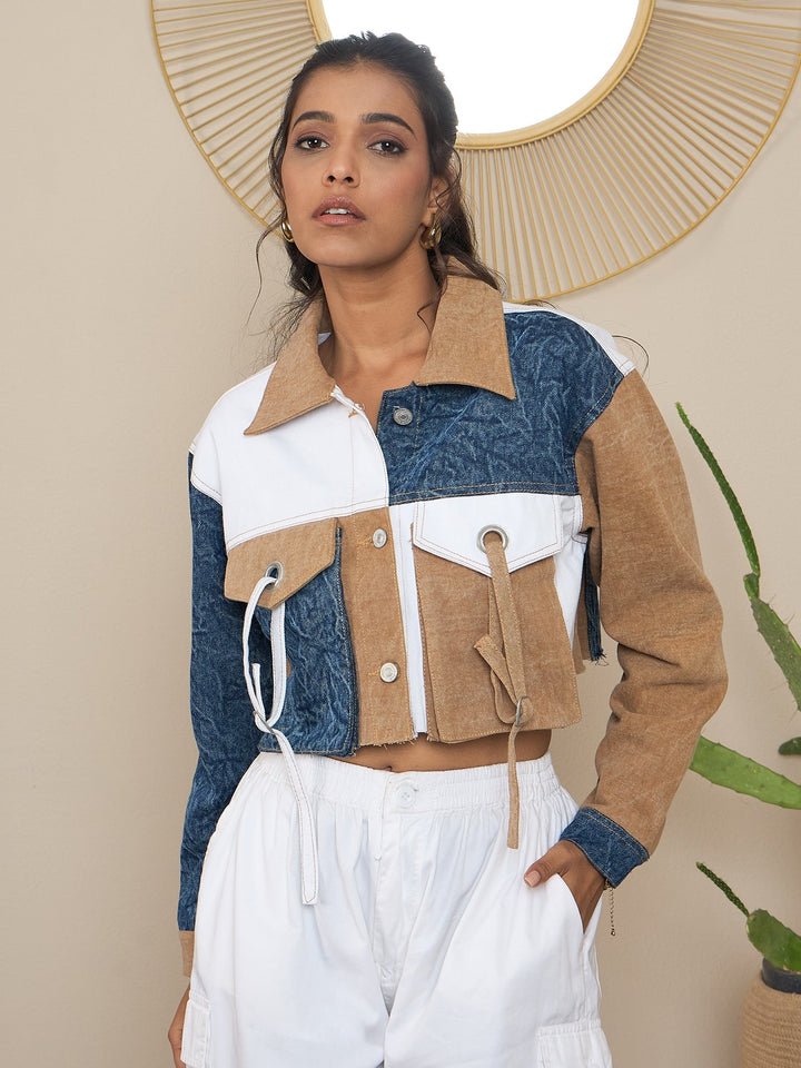 Brown-Denim-Color-Blocking-Patchwork-Detail-Crop-Jacket