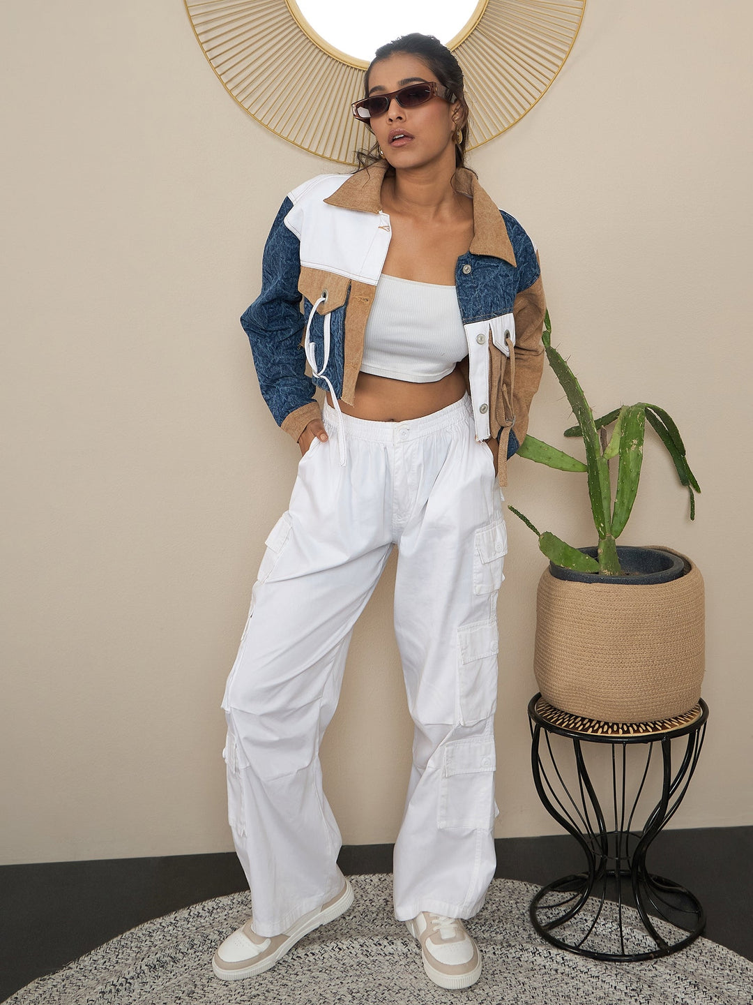 Brown-Denim-Color-Blocking-Patchwork-Detail-Crop-Jacket