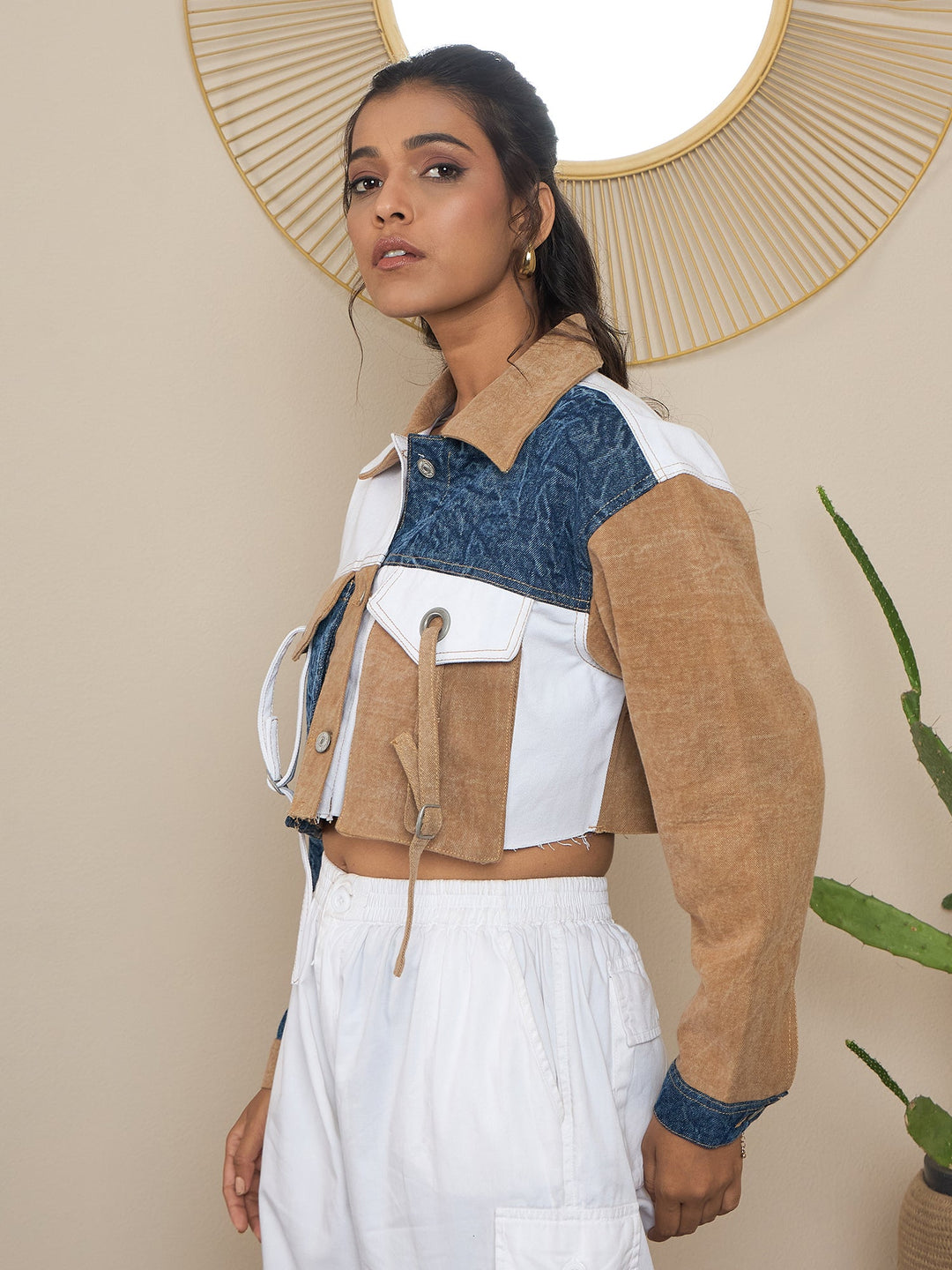 Brown-Denim-Color-Blocking-Patchwork-Detail-Crop-Jacket
