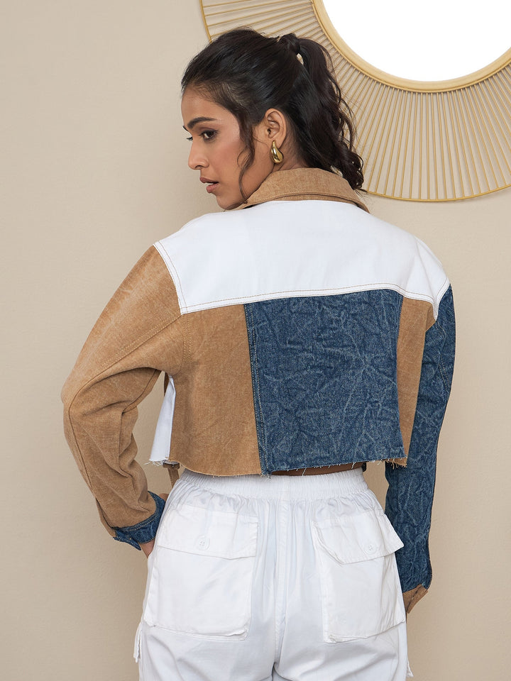 Brown-Denim-Color-Blocking-Patchwork-Detail-Crop-Jacket