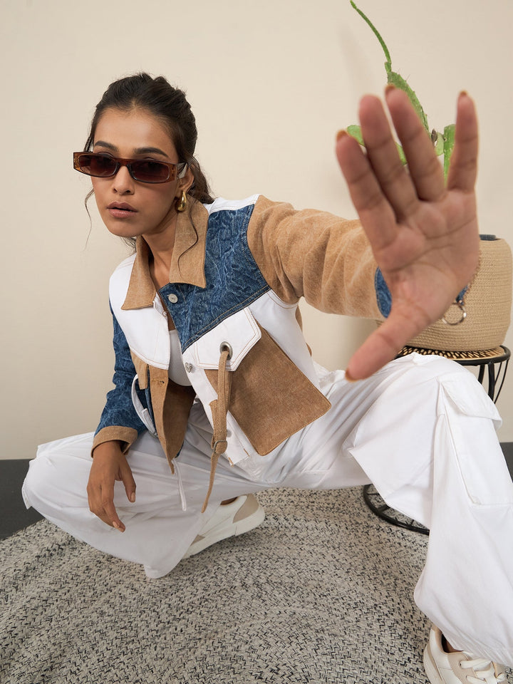 Brown-Denim-Color-Blocking-Patchwork-Detail-Crop-Jacket