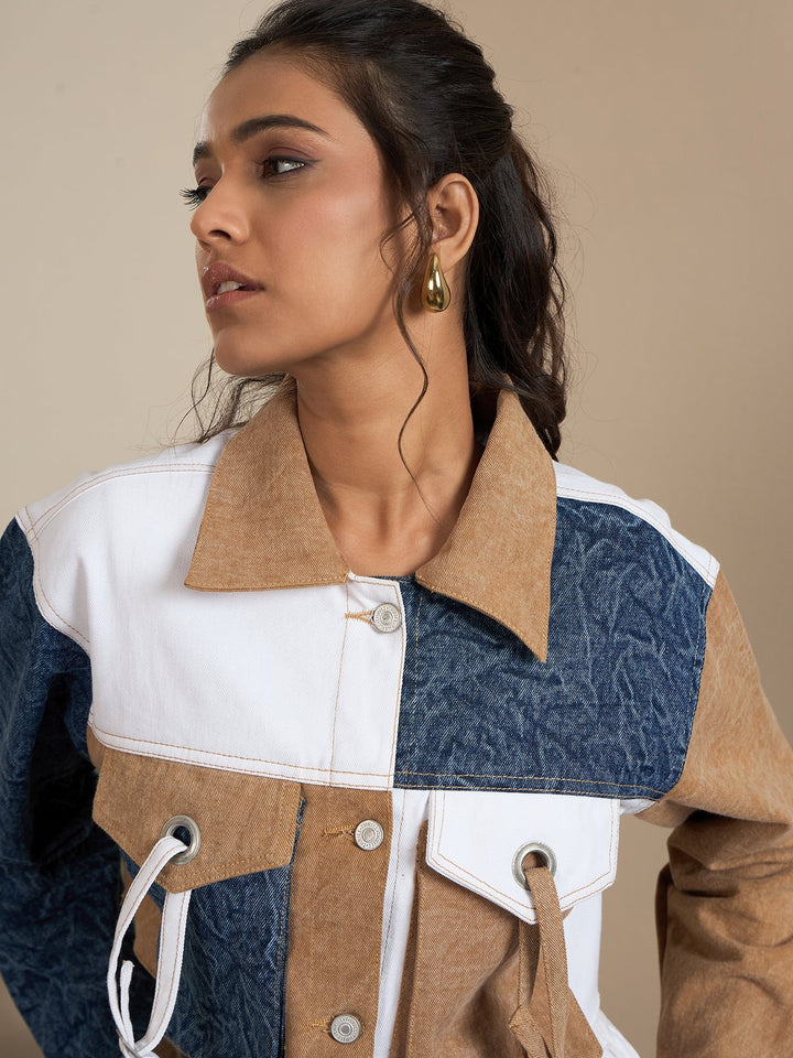 Brown-Denim-Color-Blocking-Patchwork-Detail-Crop-Jacket