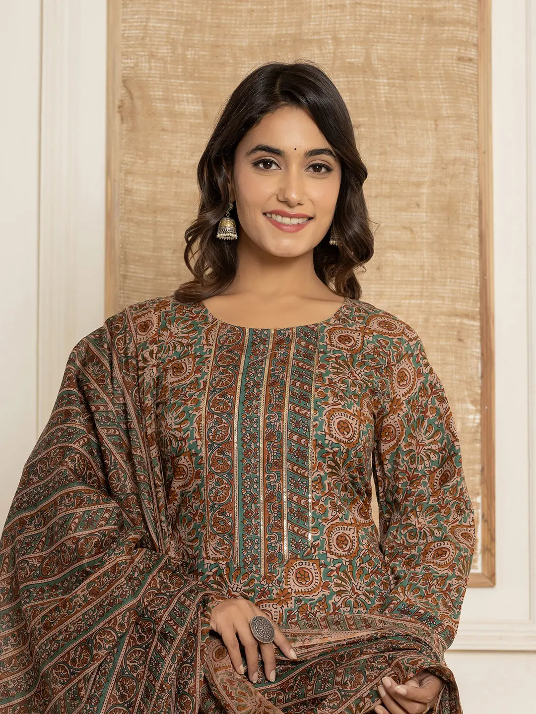 Brown-Cotton-Ethnic-Motifs-Sequins-Work-3-Piece-Kurta-Set