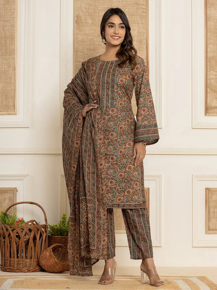 Brown-Cotton-Ethnic-Motifs-Sequins-Work-3-Piece-Kurta-Set