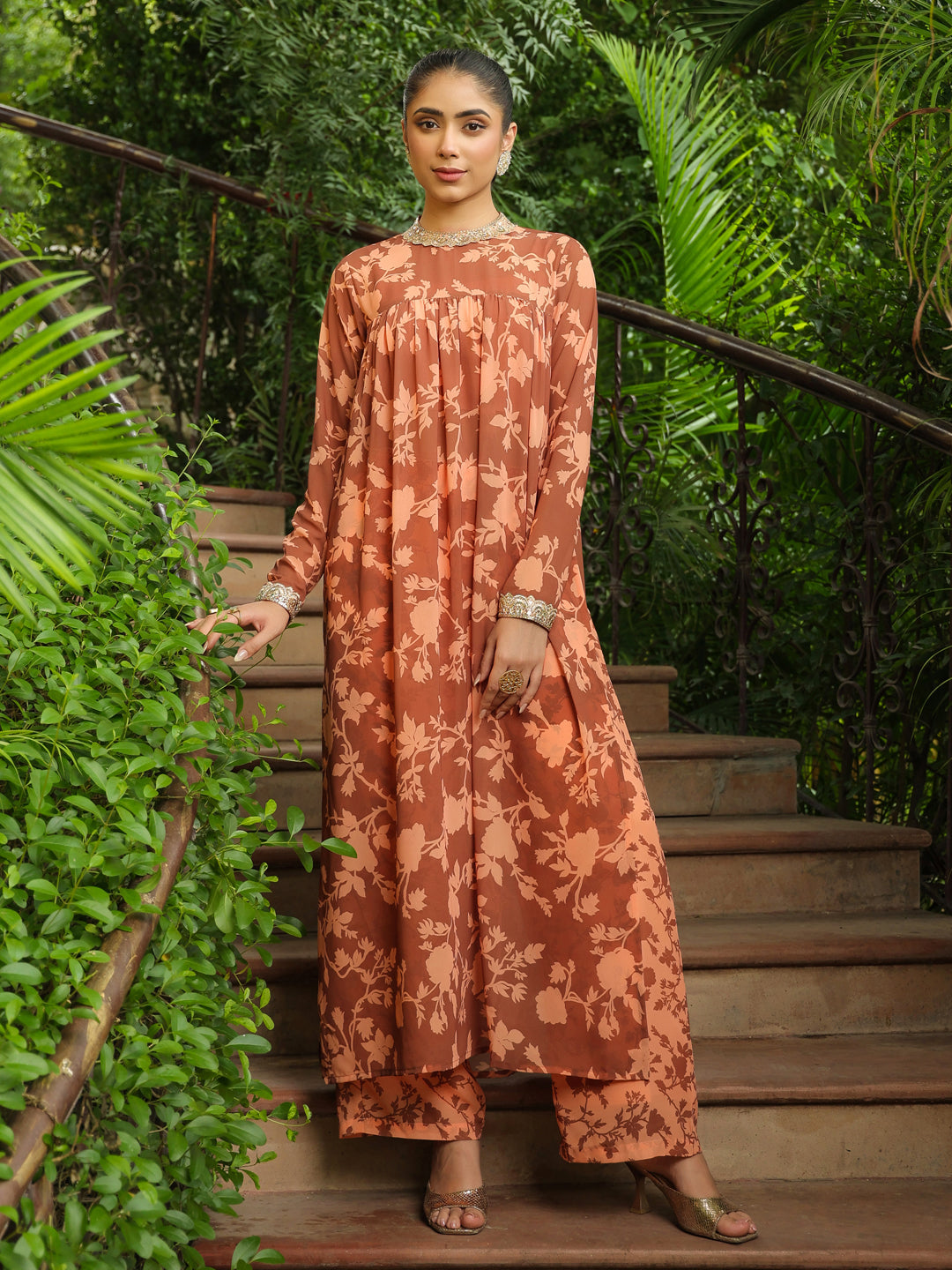 Brown-Georgette-Floral-Print-2-Piece-Kurta-Set