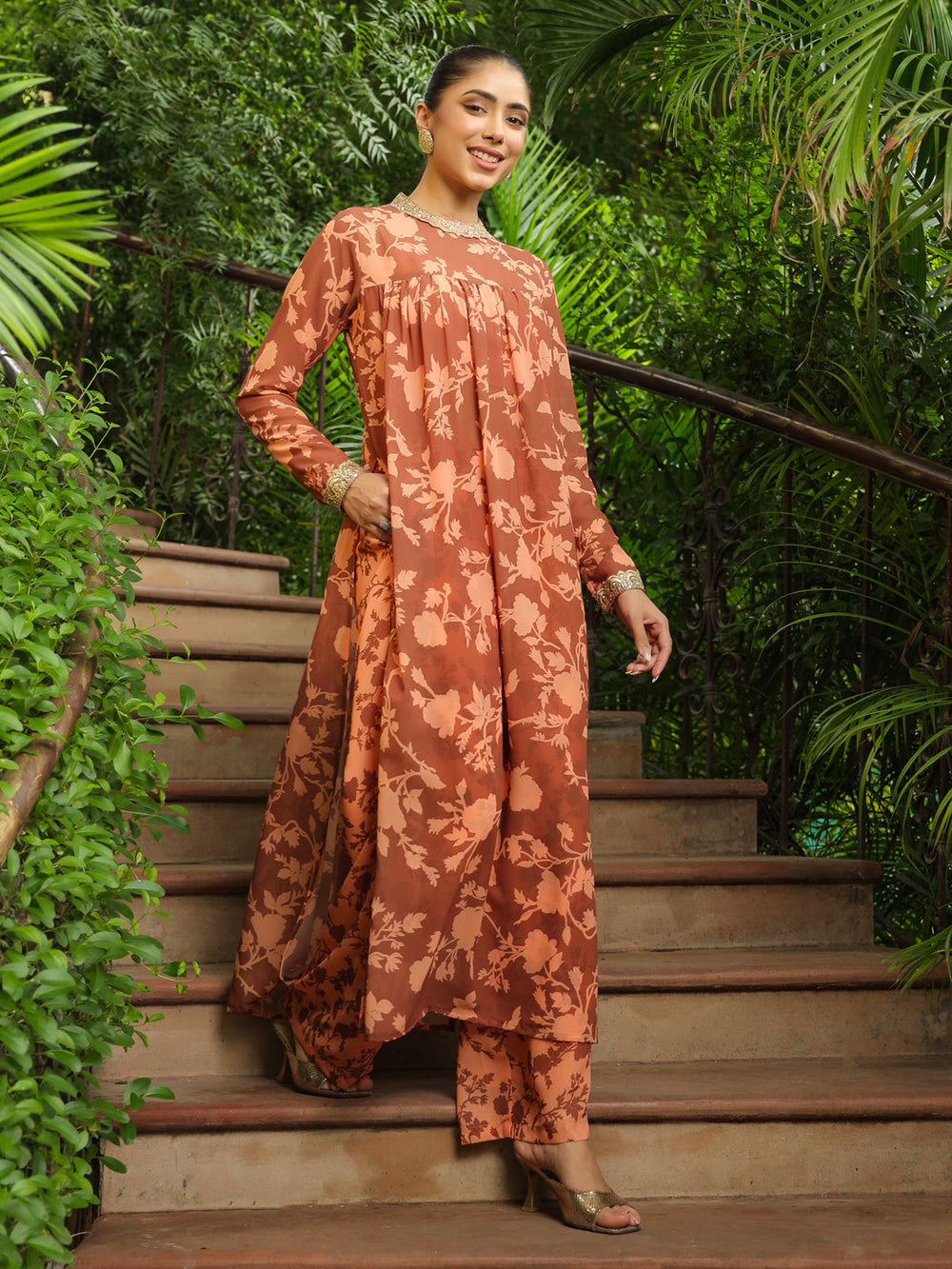 Brown-Georgette-Floral-Print-2-Piece-Kurta-Set