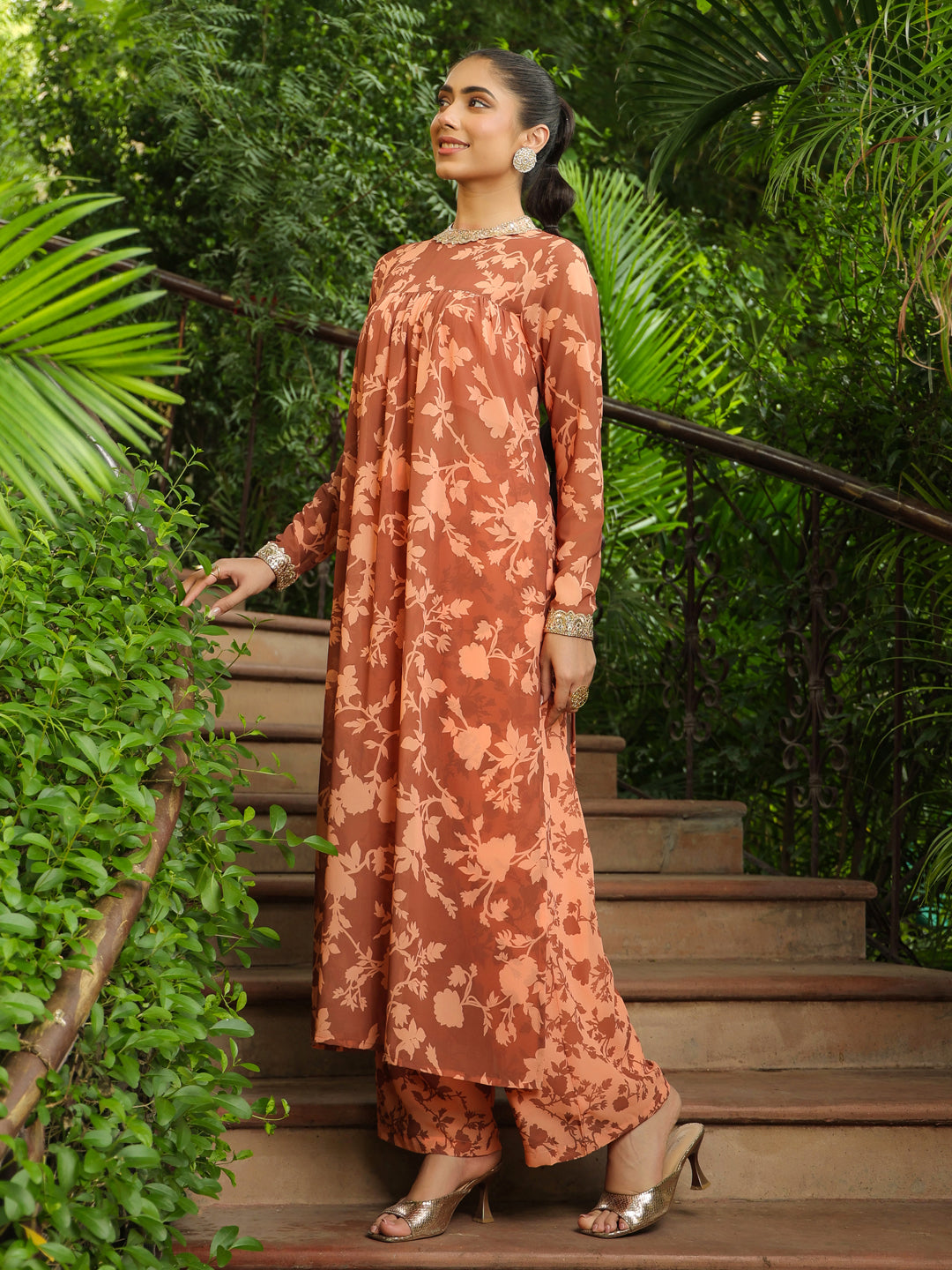 Brown-Georgette-Floral-Print-2-Piece-Kurta-Set