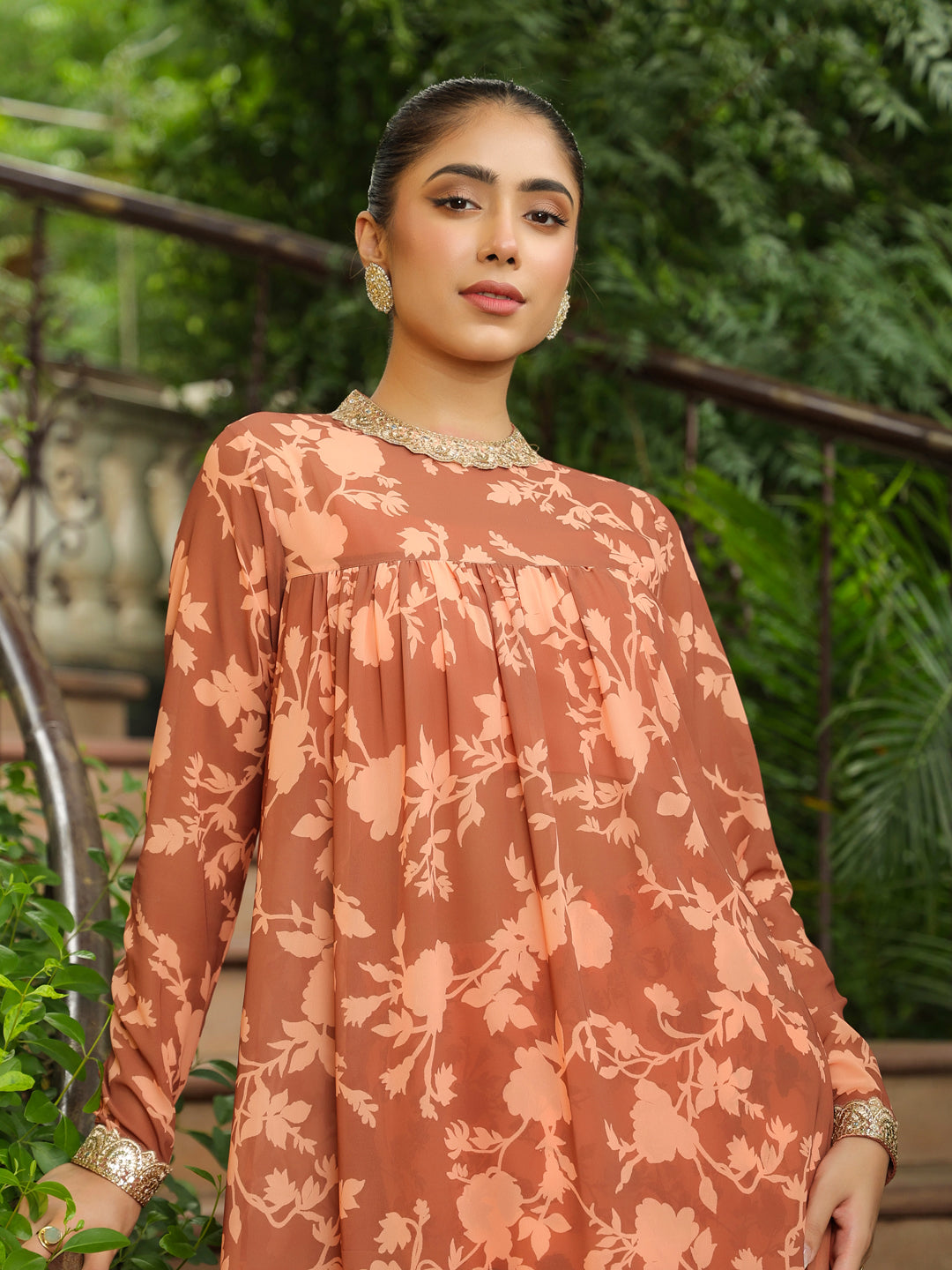 Brown-Georgette-Floral-Print-2-Piece-Kurta-Set