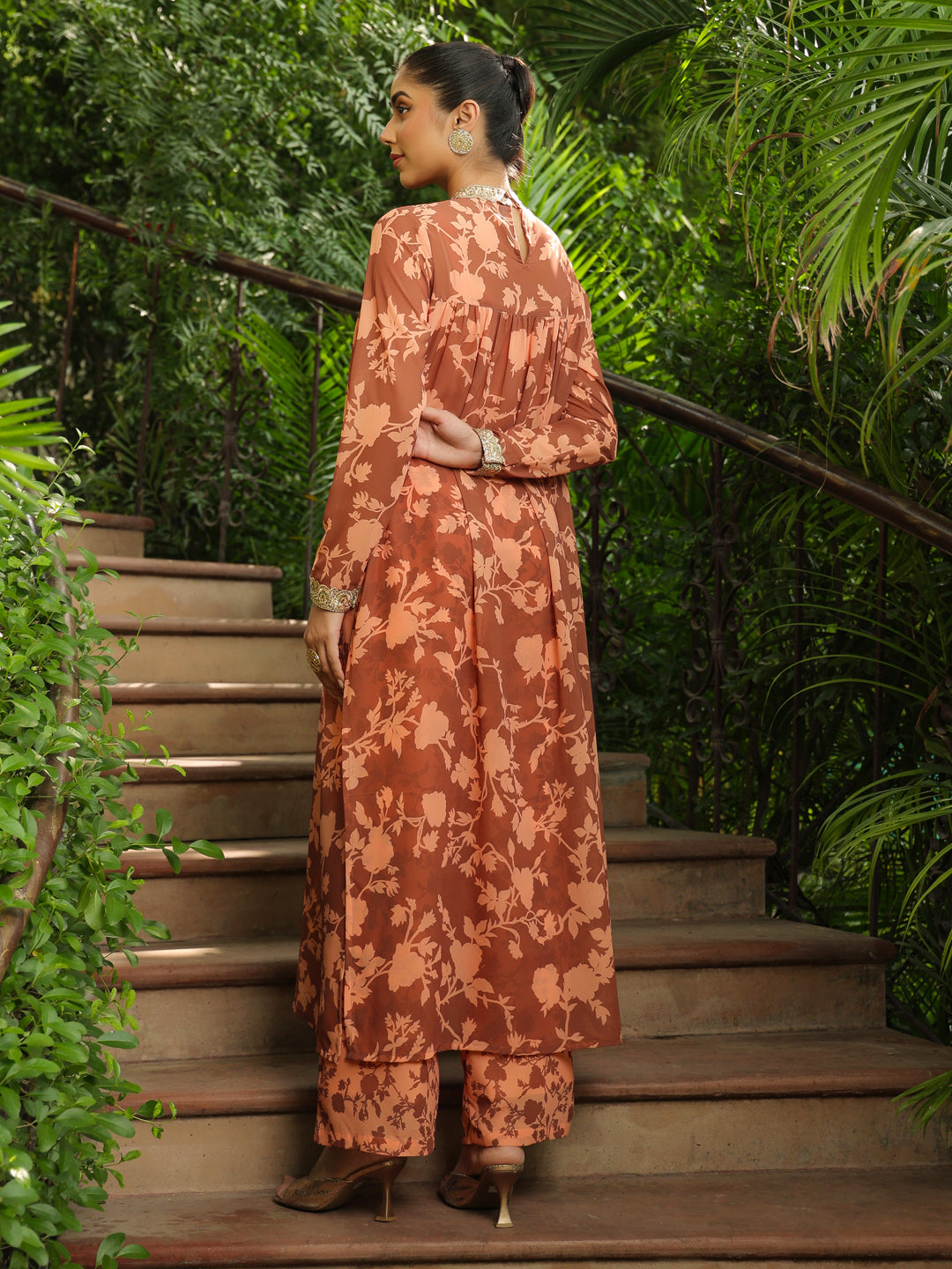 Brown-Georgette-Floral-Print-2-Piece-Kurta-Set