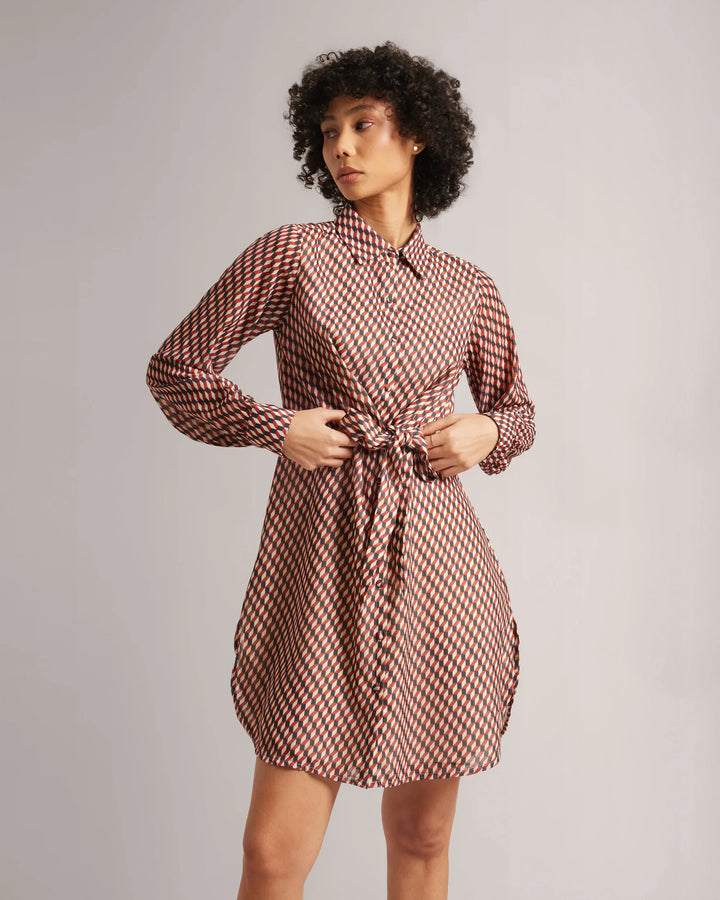 Brown Georgette Geometric Front Tie-Up Mini Shirt Dress