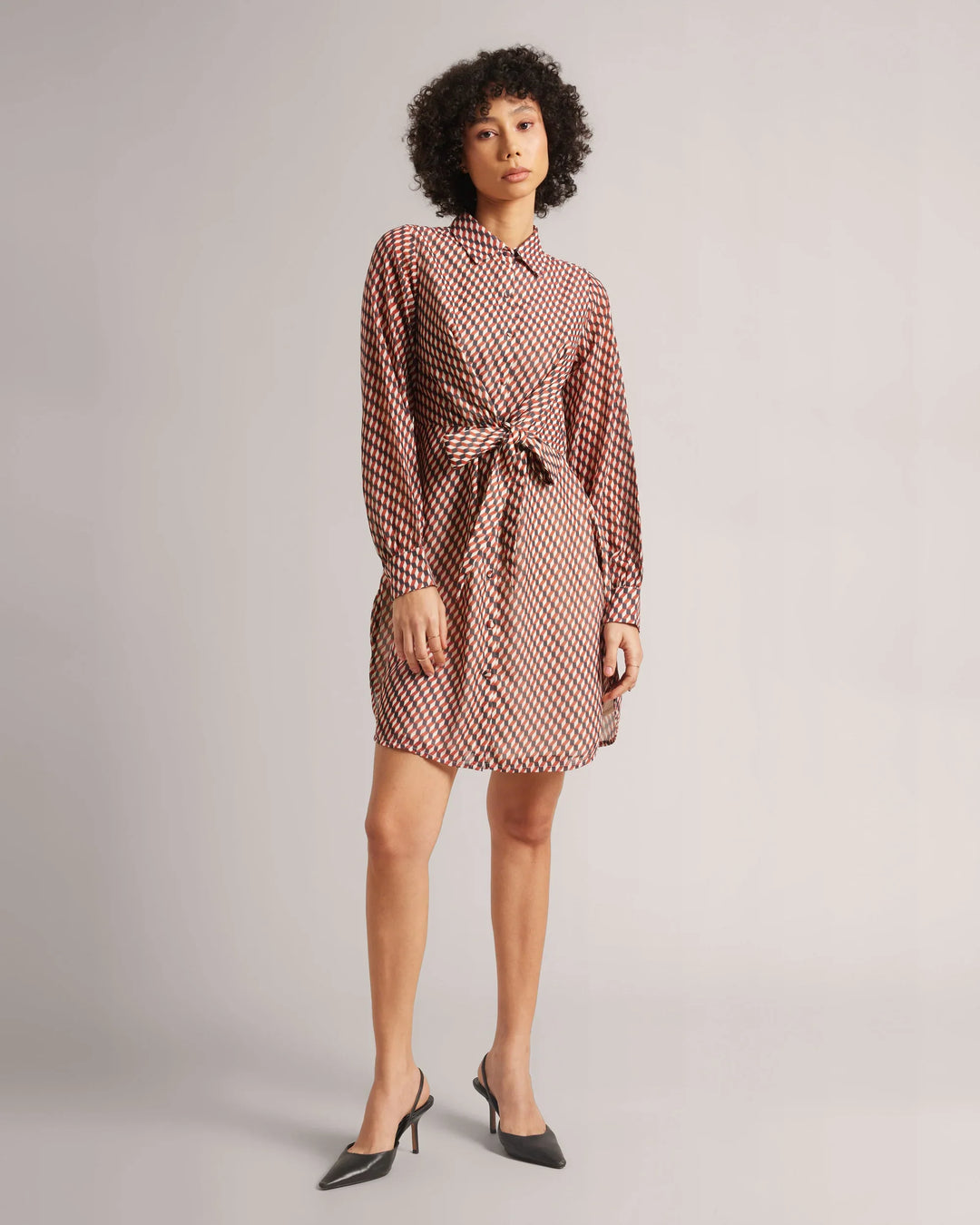 Brown Georgette Geometric Front Tie-Up Mini Shirt Dress