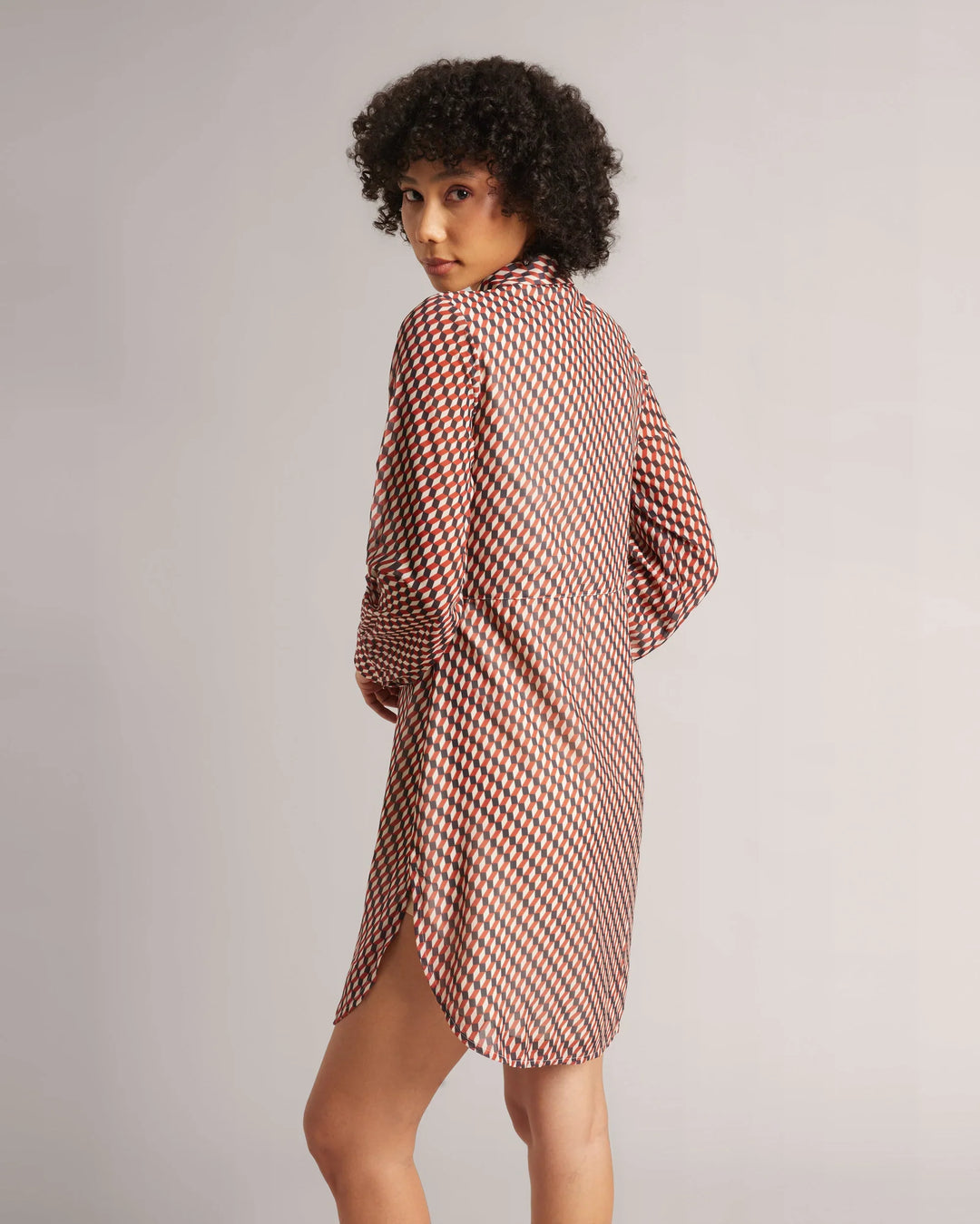 Brown Georgette Geometric Front Tie-Up Mini Shirt Dress