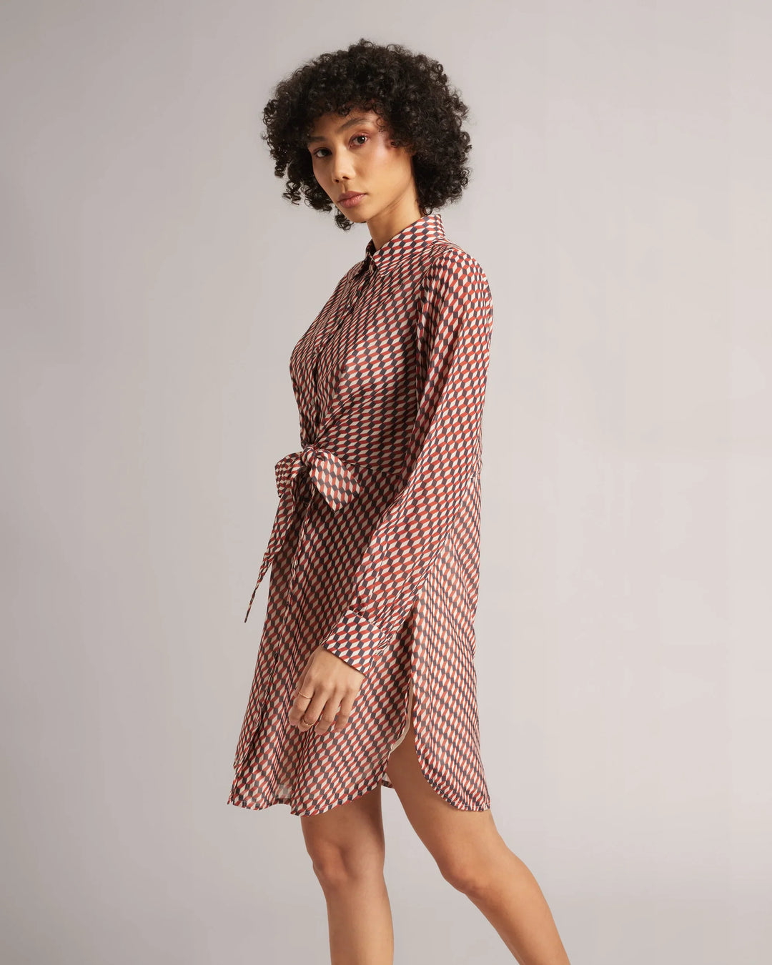 Brown Georgette Geometric Front Tie-Up Mini Shirt Dress