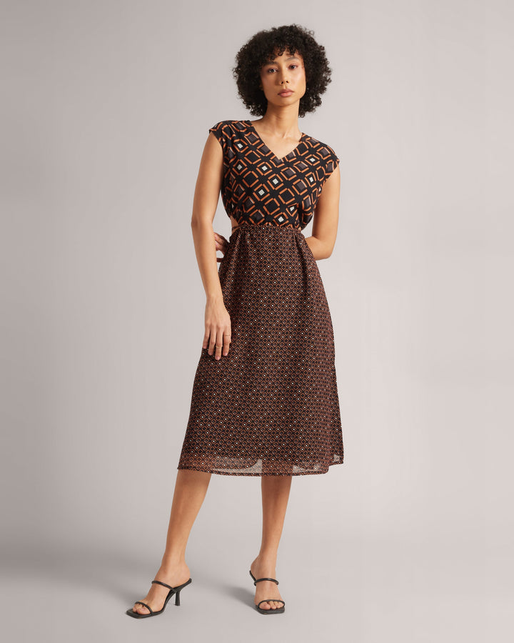 Brown Georgette Geometric Print Cut-Out Midi Dress