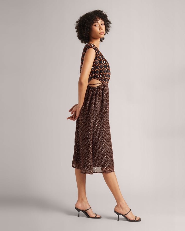 Brown Georgette Geometric Print Cut-Out Midi Dress