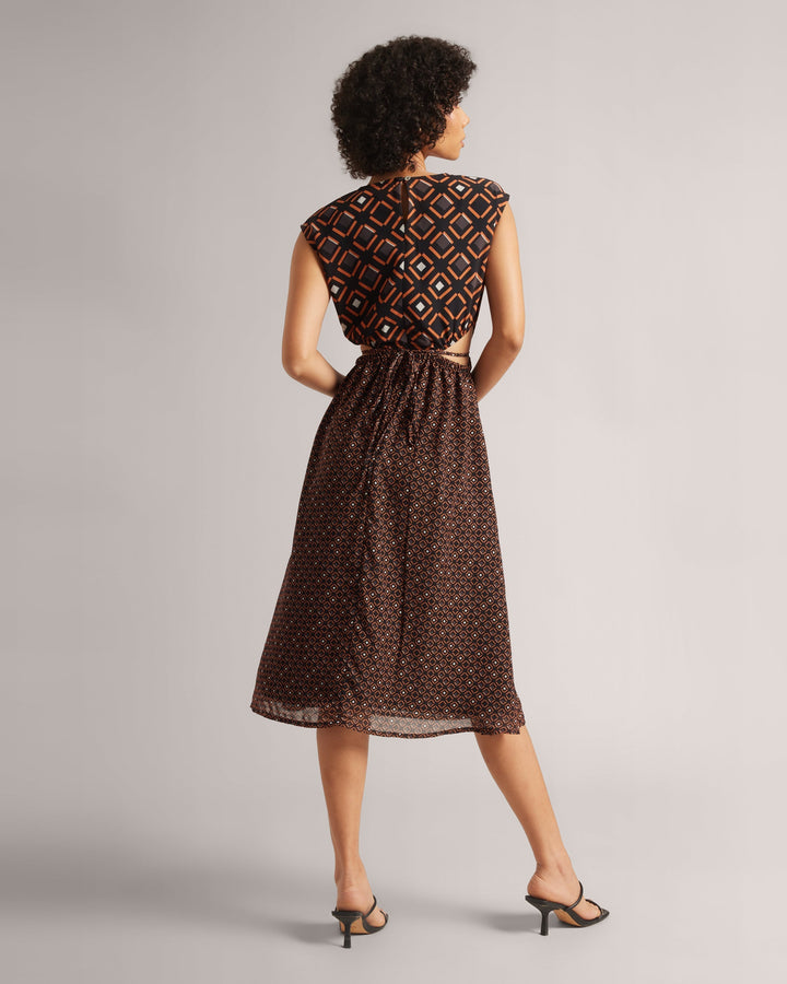 Brown Georgette Geometric Print Cut-Out Midi Dress