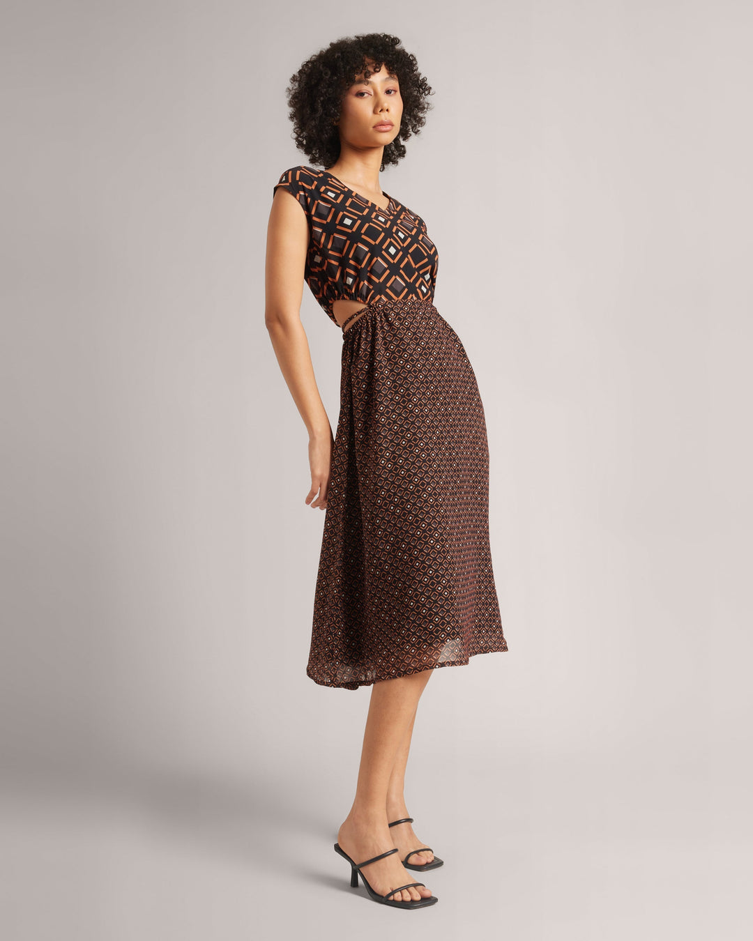 Brown Georgette Geometric Print Cut-Out Midi Dress