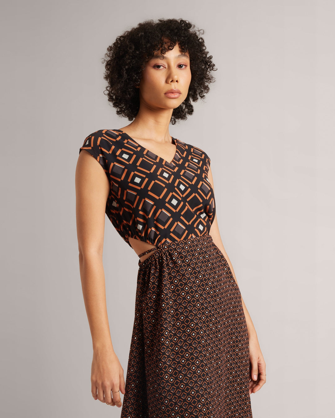 Brown Georgette Geometric Print Cut-Out Midi Dress