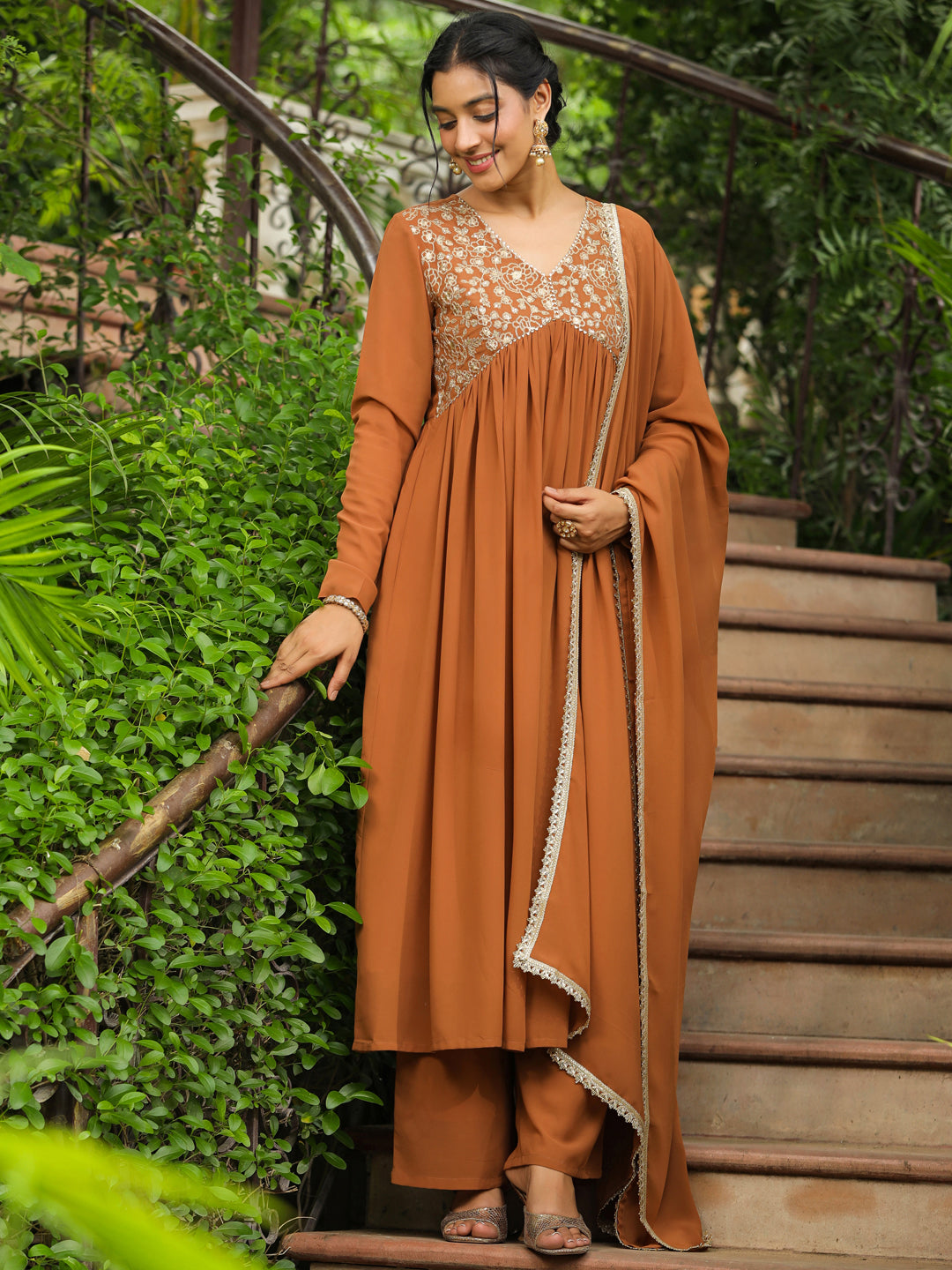 ZERESOUQ-Brown-Georgette-Yoke-Embroidery-3-Piece-Kurta-Set