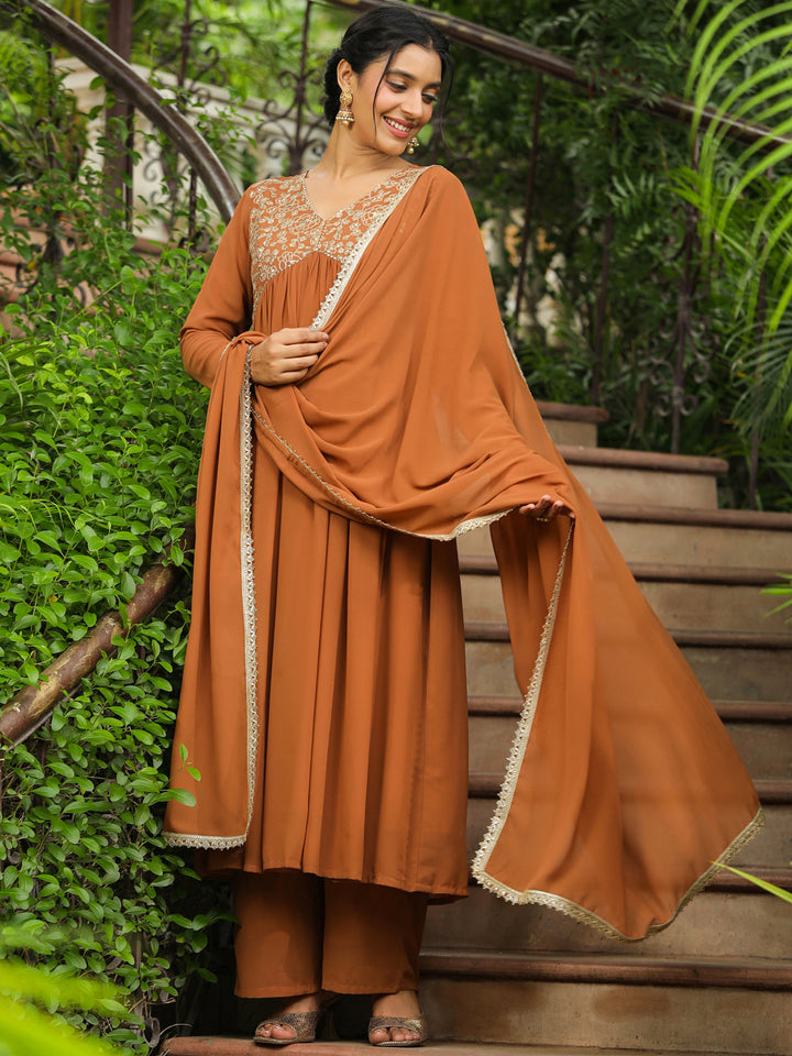 Brown-Georgette-Yoke-Embroidery-3-Piece-Kurta-Set