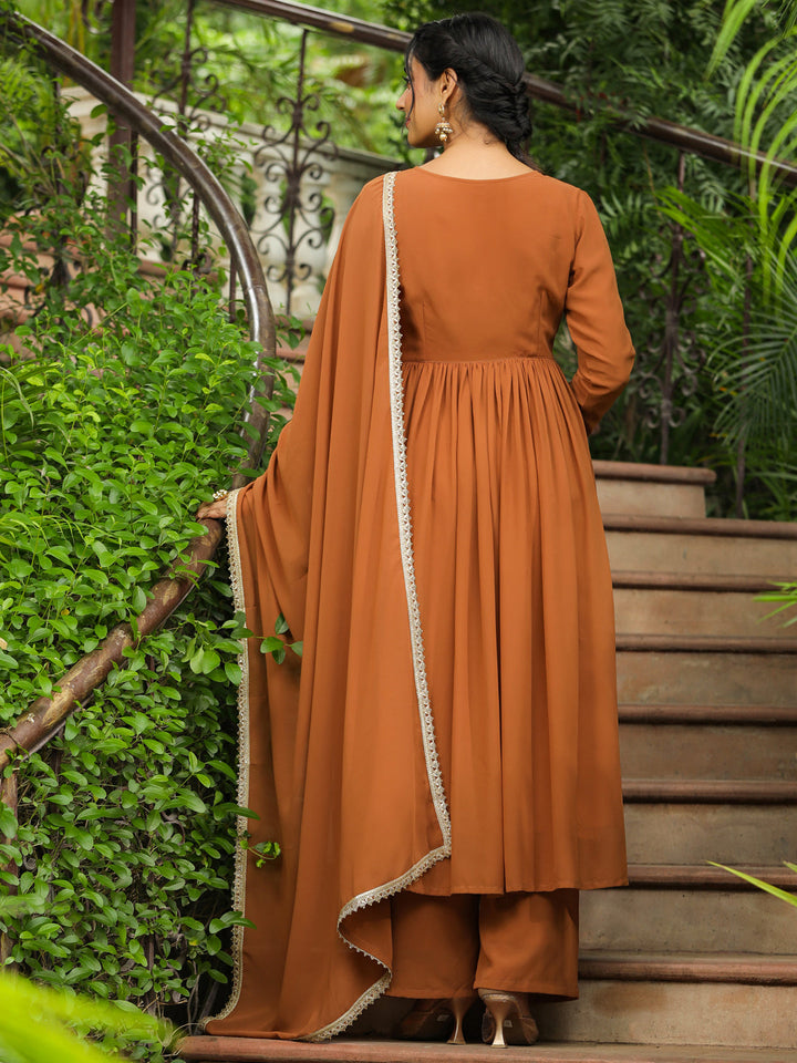 ZERESOUQ-Brown-Georgette-Yoke-Embroidery-3-Piece-Kurta-Set