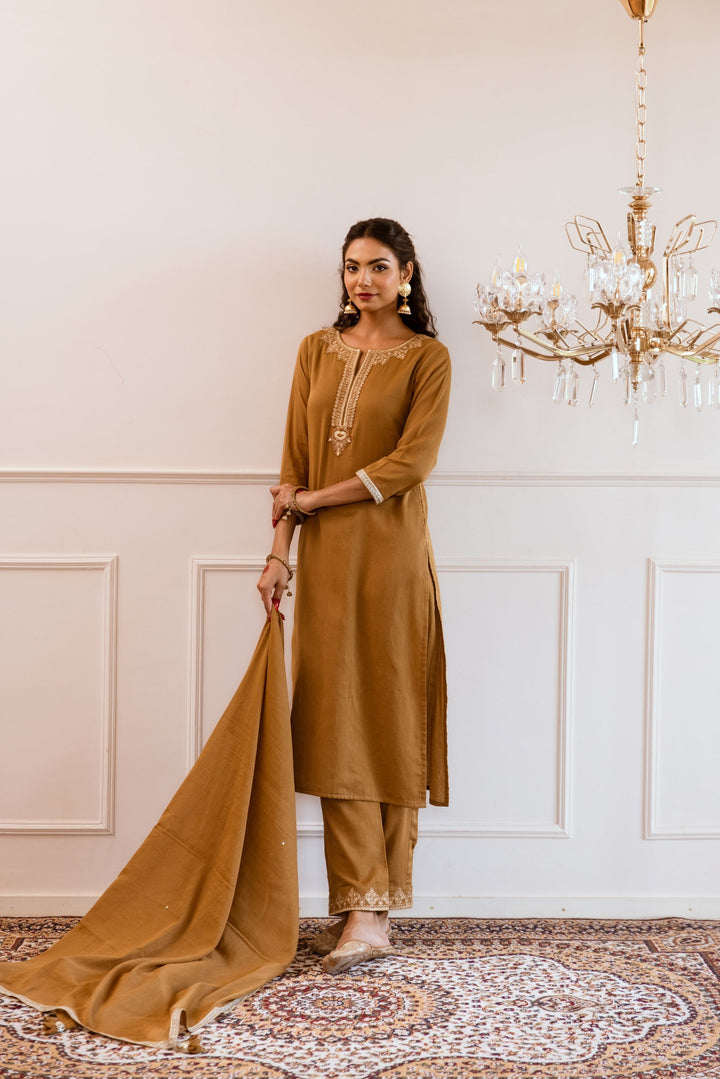 Brown-Mulmul-Fit-Straight-3-Piece-kurta-Set