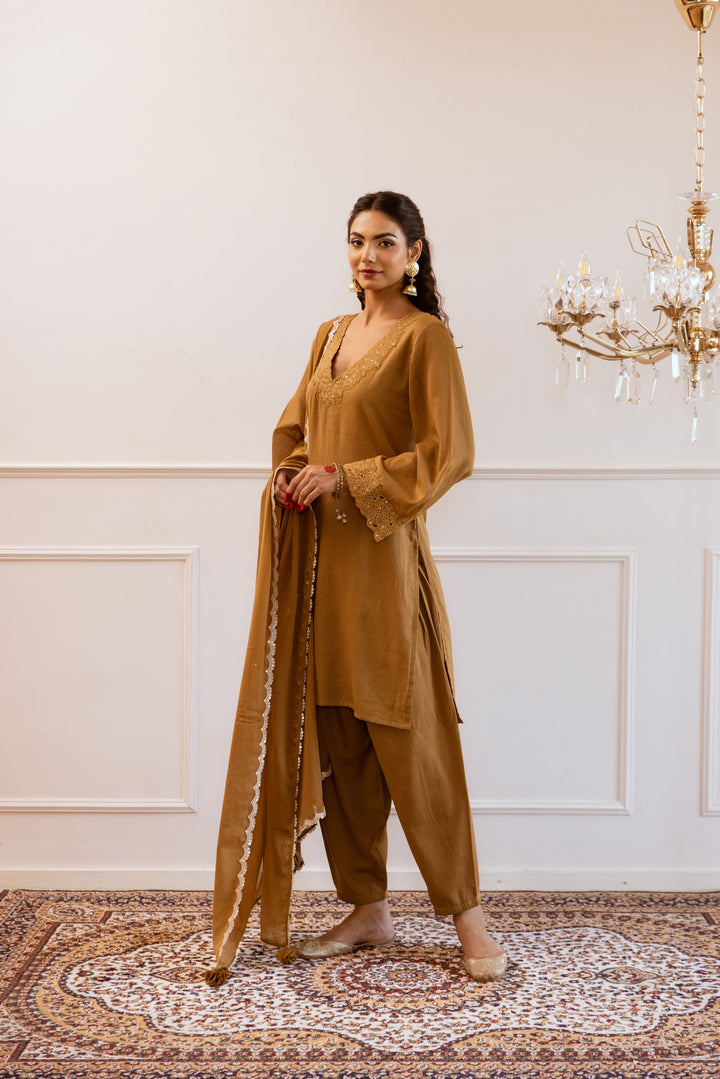 Brown-Mulmul-Lace-Work-3-Piece-Kurta-Set