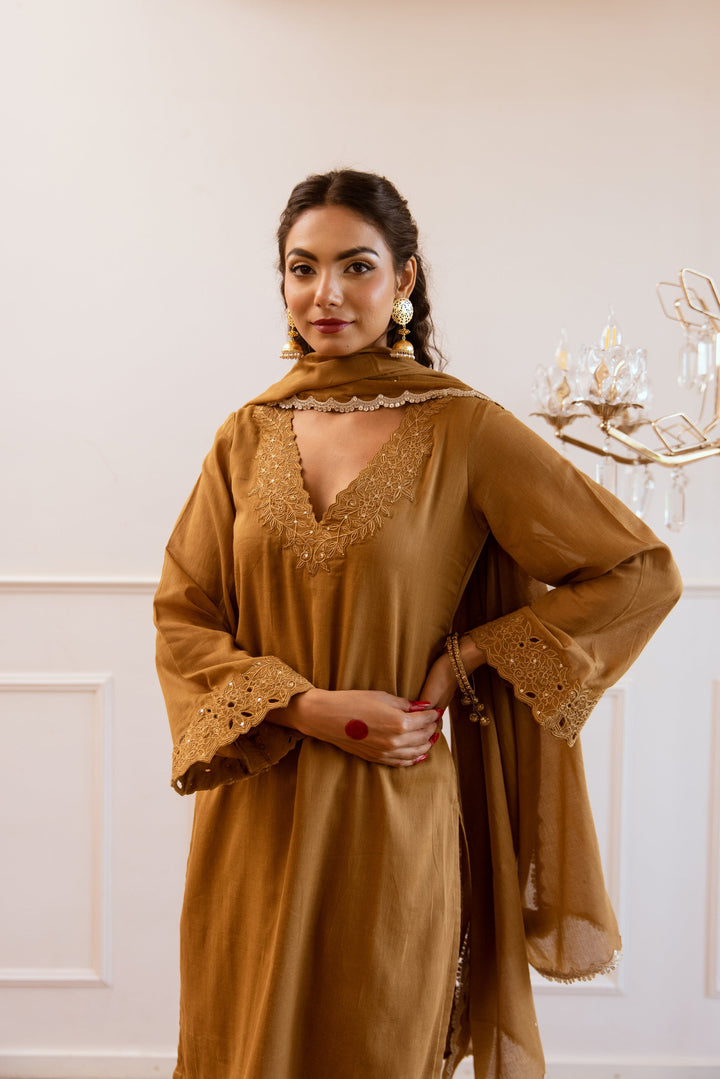 Brown-Mulmul-Lace-Work-3-Piece-Kurta-Set