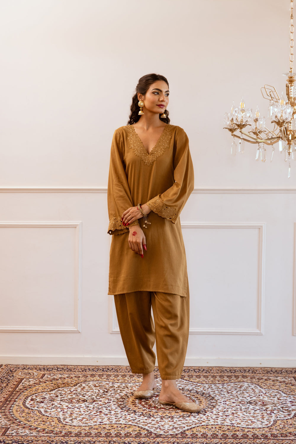 Brown-Mulmul-Lace-Work-3-Piece-Kurta-Set