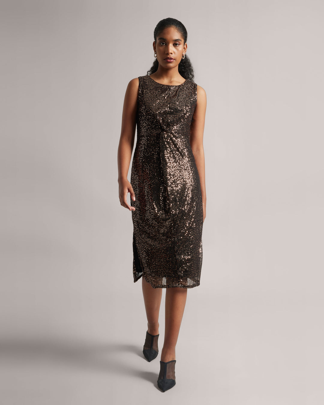 Brown Poly Elastane Sequinned Party Midi Dress